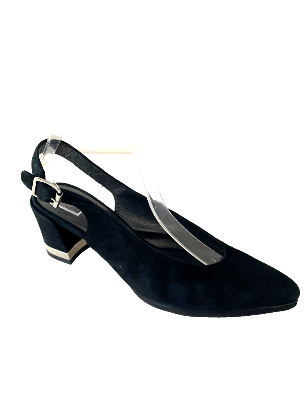 Stuart Weitzman Lamellamid Suede Pump Slingback Black Block Heel Point Toe 9